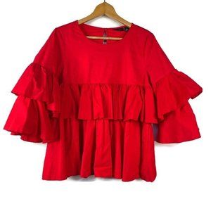 Halogen Womens Fiesta Red Blouse Top Tiered Flare Ruffle Round Neck 3/4 Sleeve S